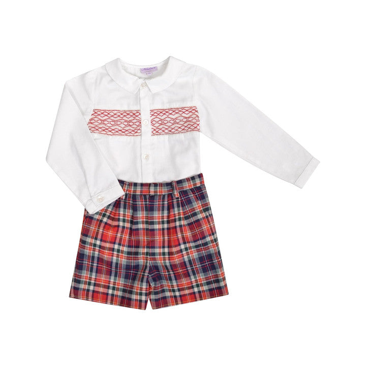 Benoit, Ensemble garçon, avec chemise smockée et short, en tartan rouge