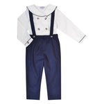 Bertrand, Pantalon garçon à bretelles amovibles, en sergé de coton bio Marine - Bertrand, Boy's trousers with removable straps, in Navy organic cotton twill