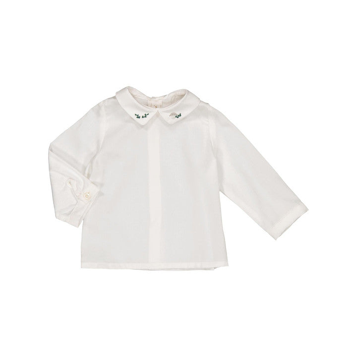 Billy, blouse en sergé écru bio broderie champignon gris