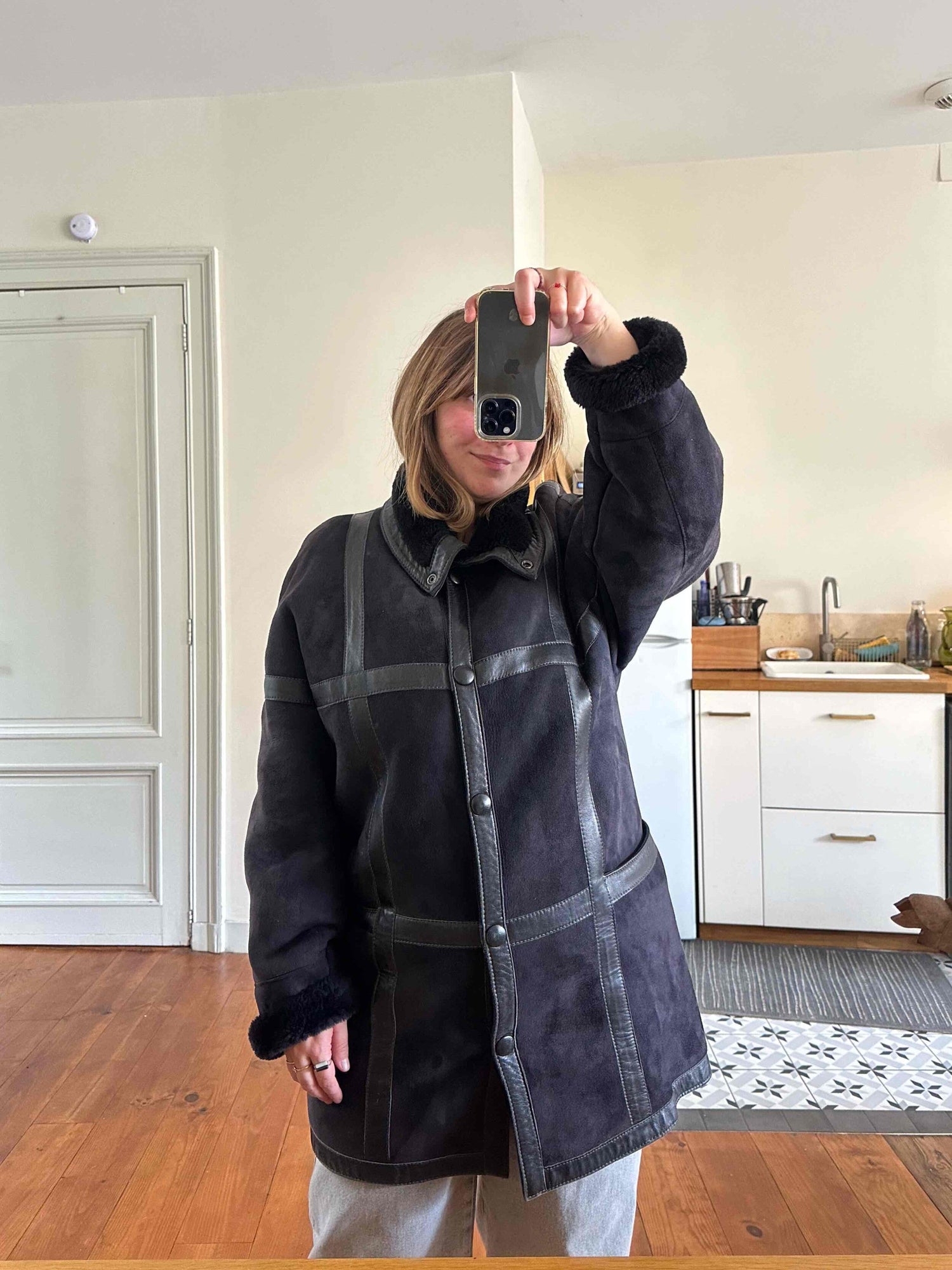 Wool-lined leather coat