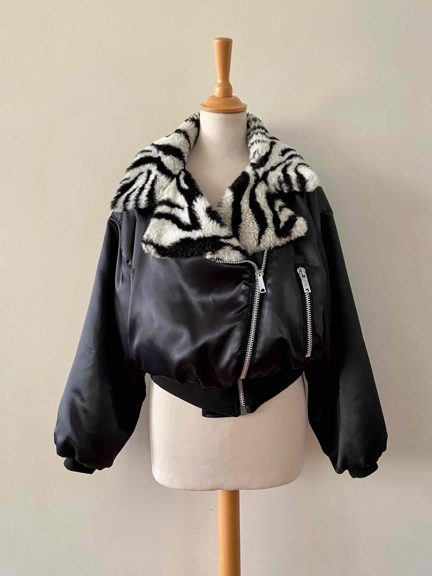 Satin and zebra print puffer jacket
