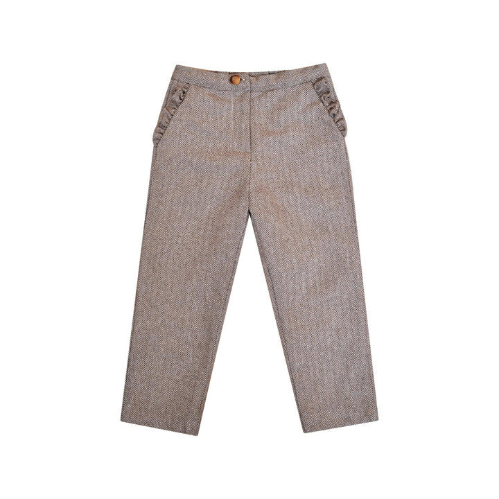 Candice, Pantalon fille, poches volantées, en chevrons marron avec laine