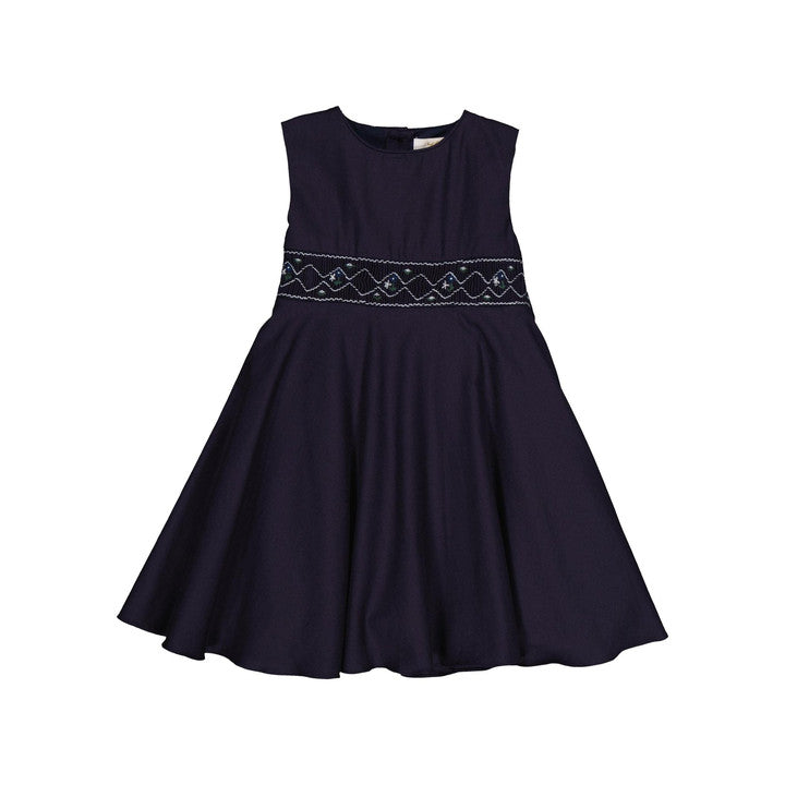 Carmine, robe à smocks en sergé de coton biologique marine