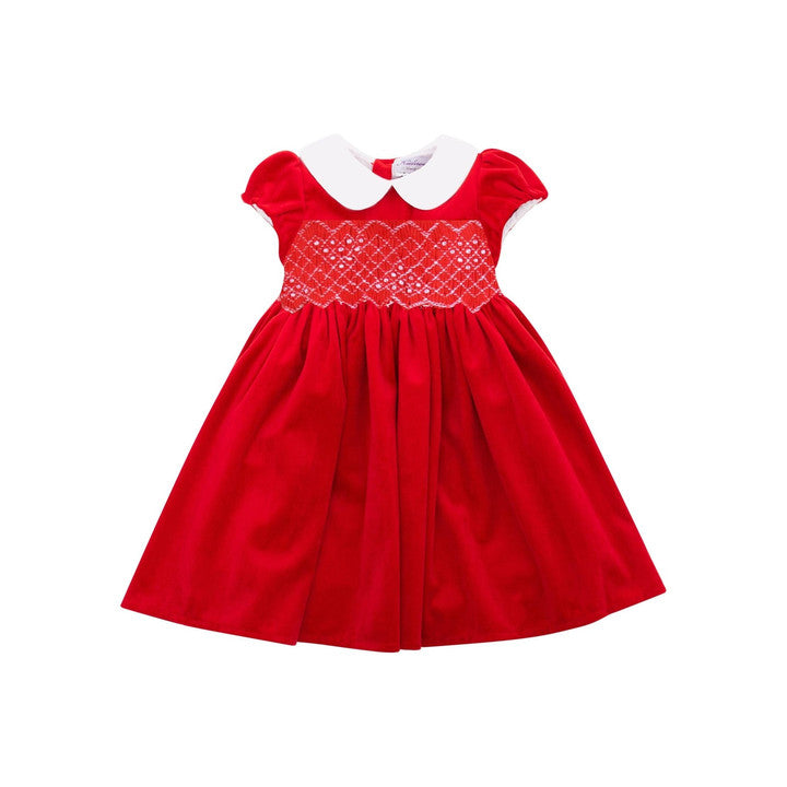 Clémence, robe manches ballons, taille smockée en velours rouge