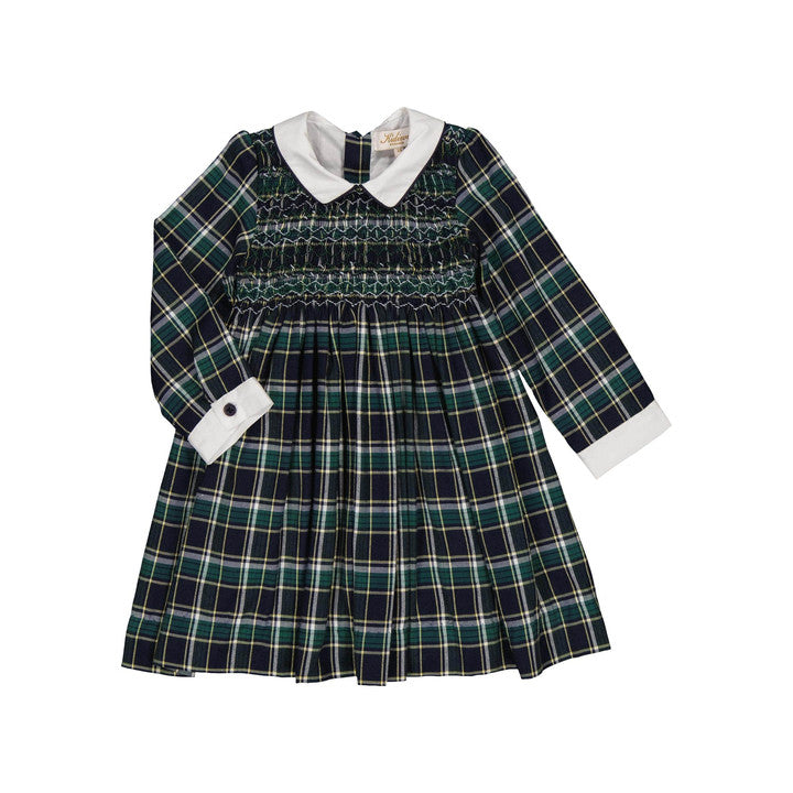 Coline, robe à smocks en tartan bleu et vert