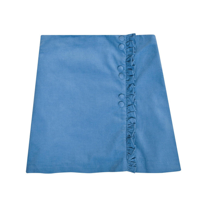 Dorothée, Jupe portefeuille à volants, en Velours côtelé bleu porcelaine