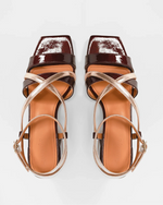 EDUARDO les sandales bicolores à talons carrés avec brides réglables cuir bordeaux et rose irisé. Idéales pour un mariage