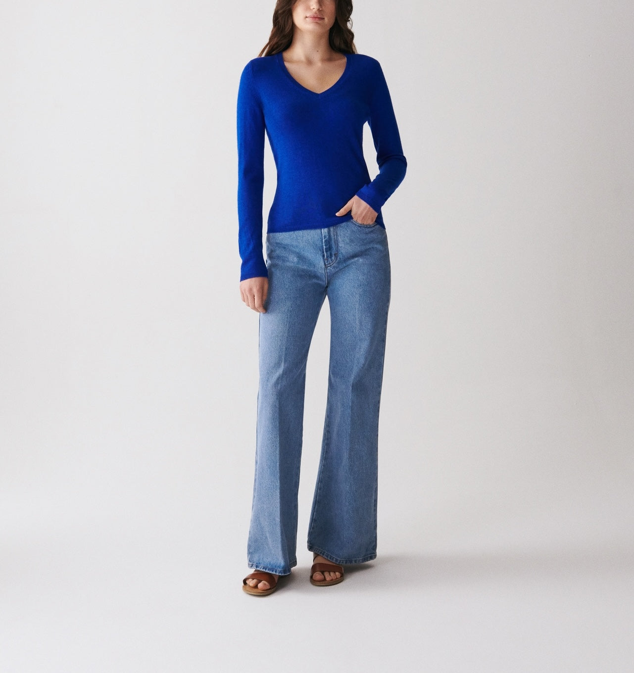 Pull V Cintre Classique Femme - Bleu Delphinium