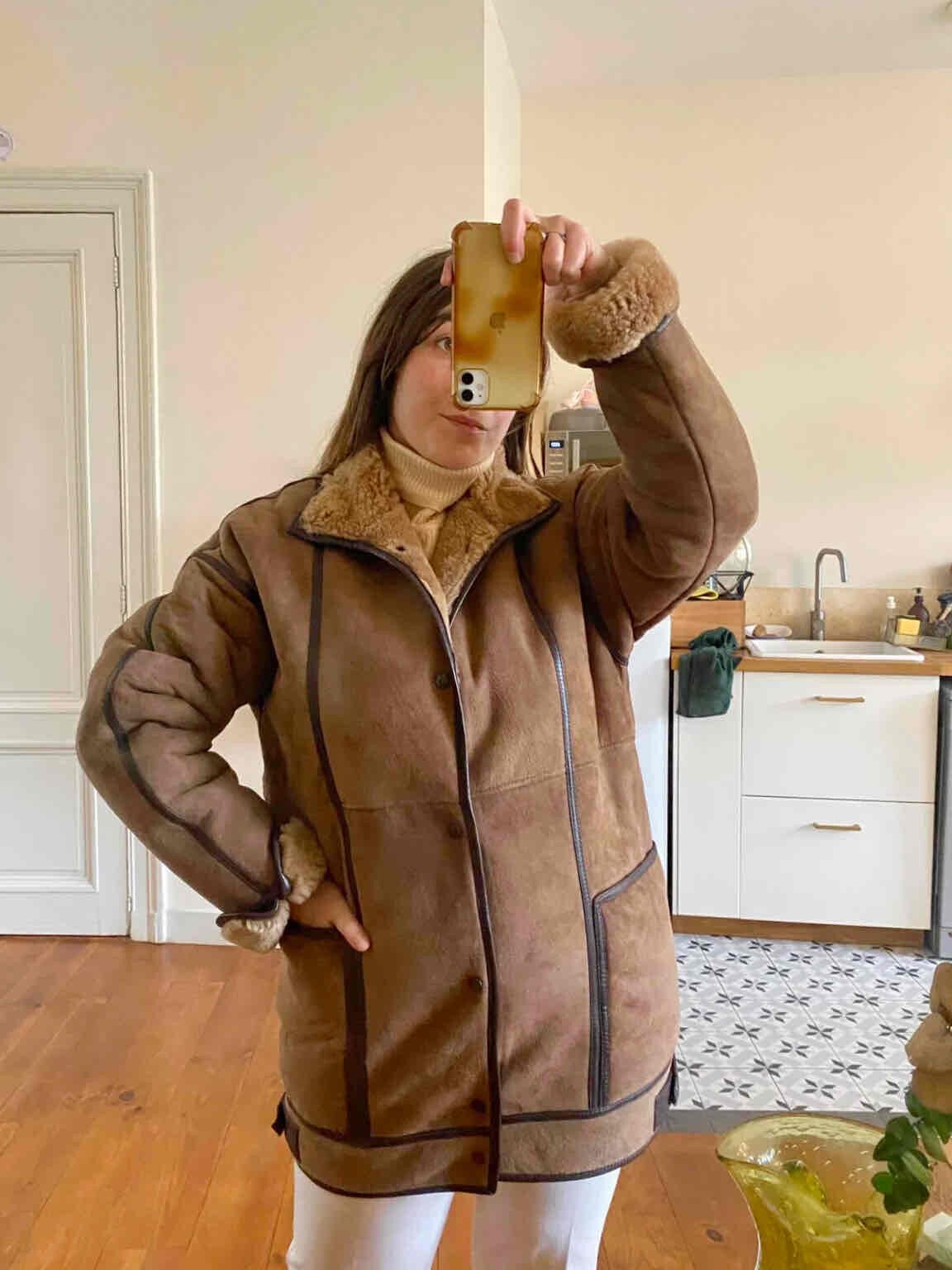 Wool-lined leather coat