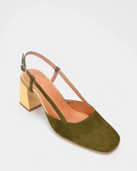 Les slingbacks FERNANDO en cuir daim kaki et cuir metallise or, des souliers féminins, élégants et confortables