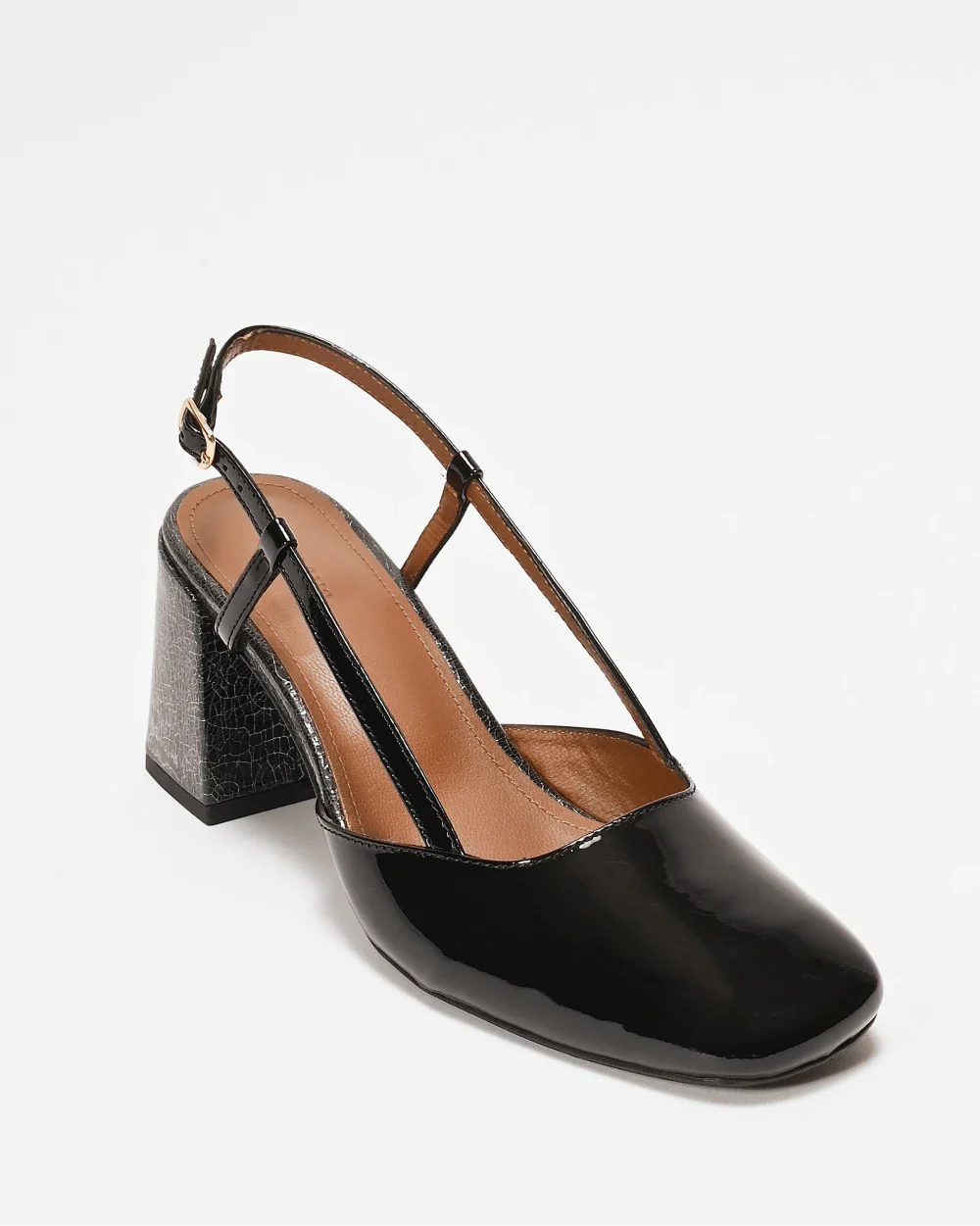 FERNANDO slingbacks à talon pour femme avec une bride réglable. En cuir vernis noir, un style intemporel, élégant et retro