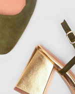 Les slingbacks FERNANDO en cuir daim kaki et cuir metallise or, des souliers féminins, élégants et confortables