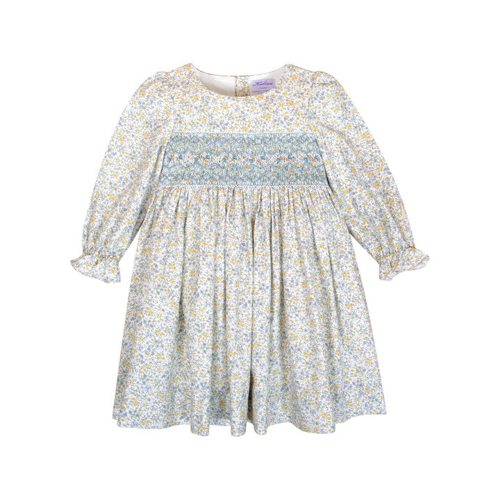 Harchel, Robe taille smockée, en imprimé fleuri bleu ciel/moutarde