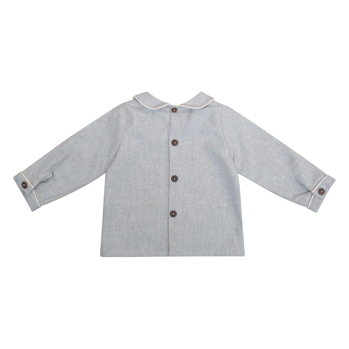 Harry, Blouse bébé manches longues, col claudine avec passepoil, en twill beige chiné - Harry, Long-sleeved baby blouse, Peter Pan collar with piping, in Heather beige twill