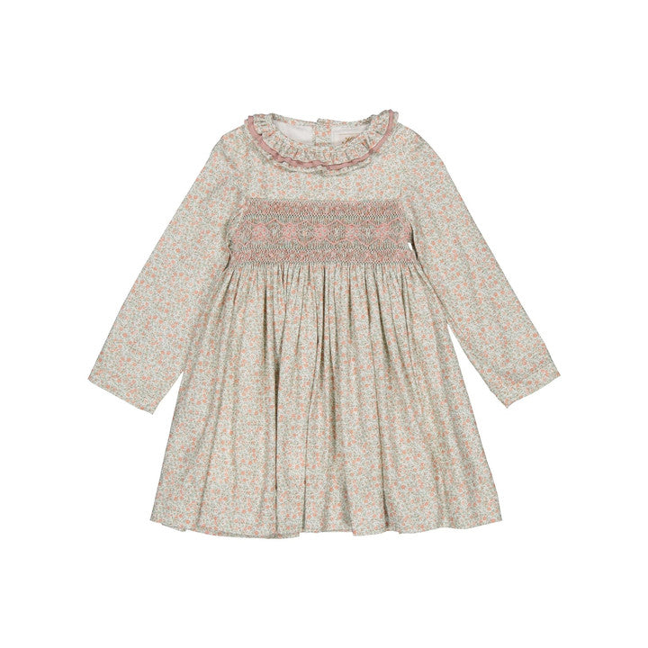 Hars, robe à smocks, rose vif et imprimé thé