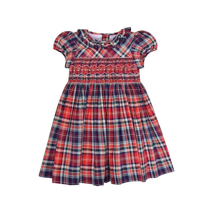 Hars, robe manches bouffantes, Triple col, taille smockée, en Tartan rouge