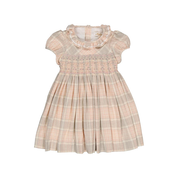 Hars, smocked dress, in Pink, beige, grey tartan