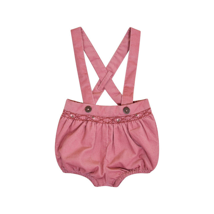 Jackie, bloomer taille smockée et bretelles amovibles, en velours côtelé rose Marsala