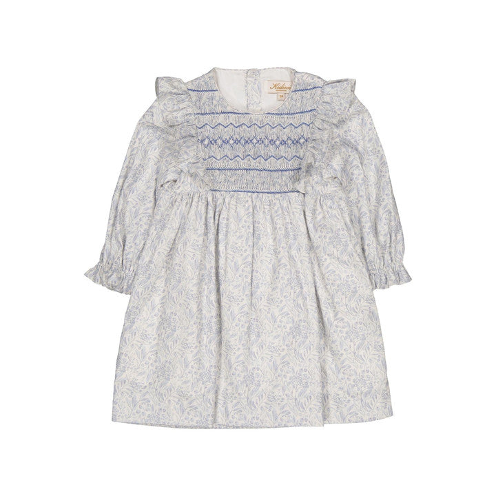 Léa-Rosa, robe à smocks imprimé feuillage dans les tons bleus