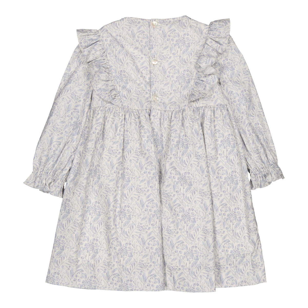 Léa-Rosa, robe à smocks imprimé feuillage dans les tons bleus