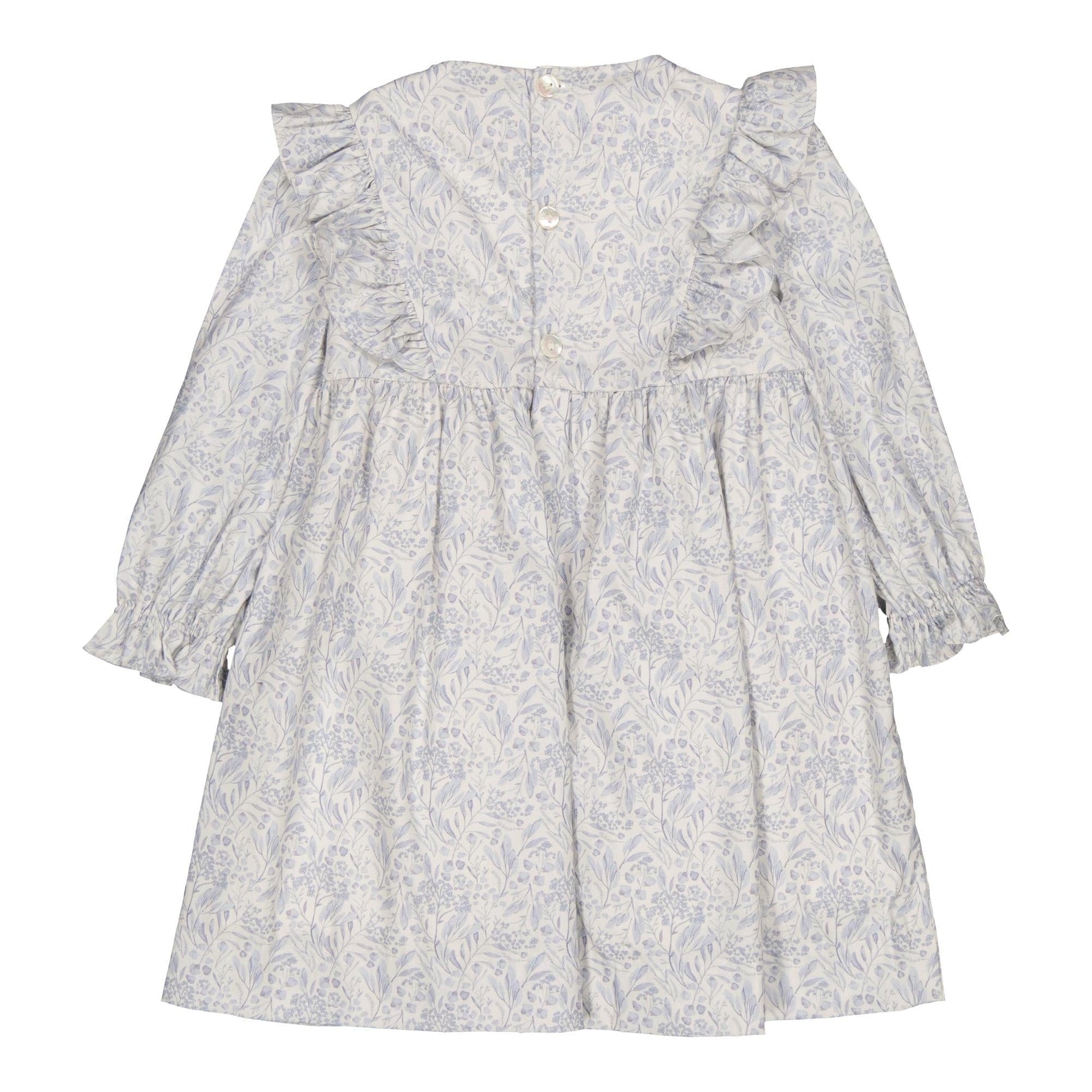 Léa-Rosa, robe à smocks imprimé feuillage dans les tons bleus