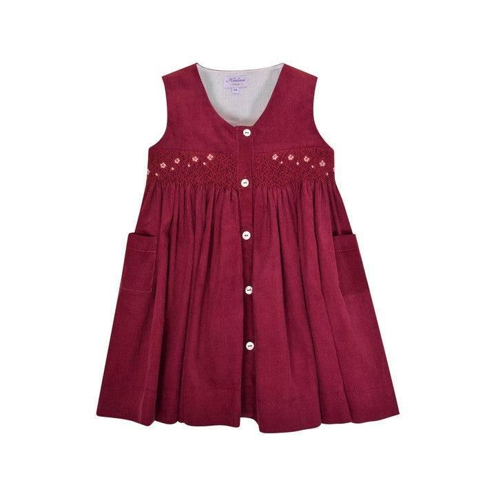 Lily, Robe chasuble, poches et ouverture devant, en velours côtelé bordeaux