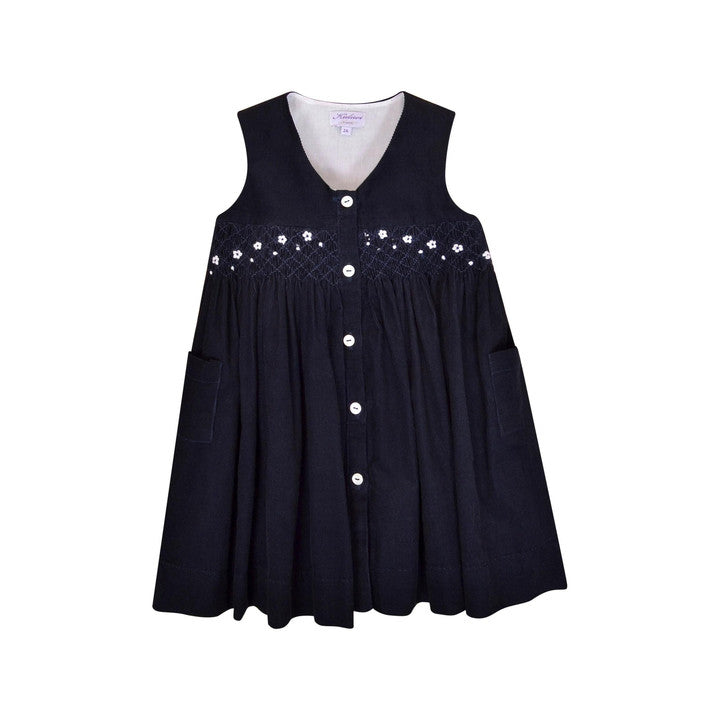 Lily, Robe chasuble, poches et ouverture devant, en velours côtelé Marine