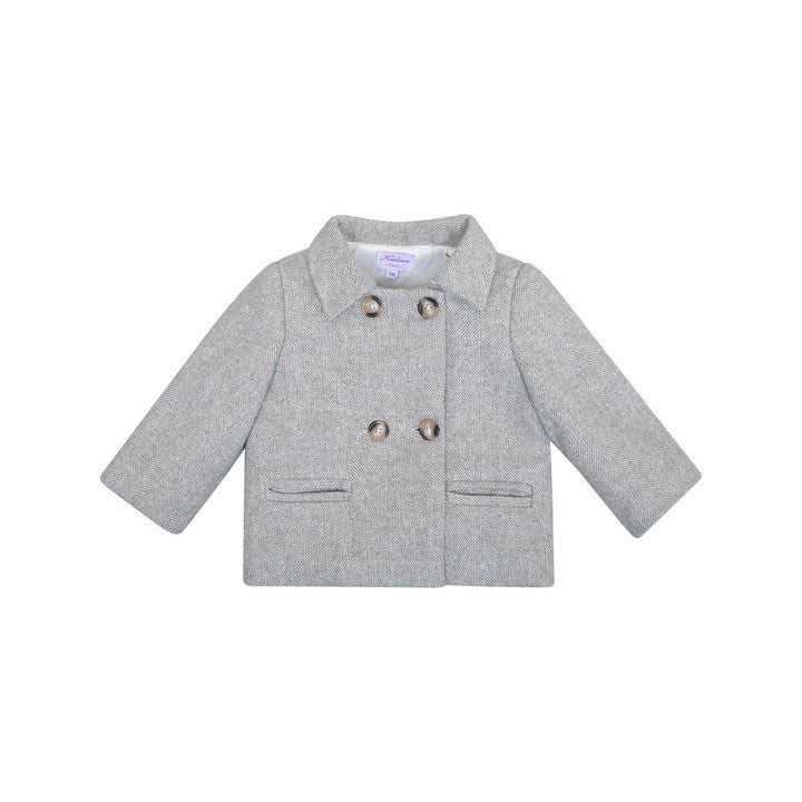 Lou, Manteau court unisexe, ouverture croisée, en Tartan Beige avec laine