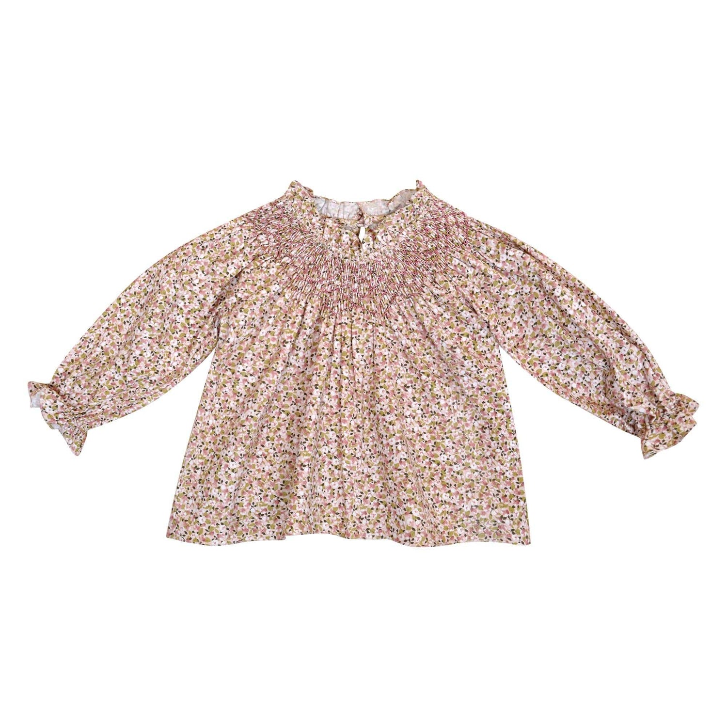 Maëline, Blouse fille à manches longues raglan, encolure entièrement smockée, en imprimé fleuri rose et kaki