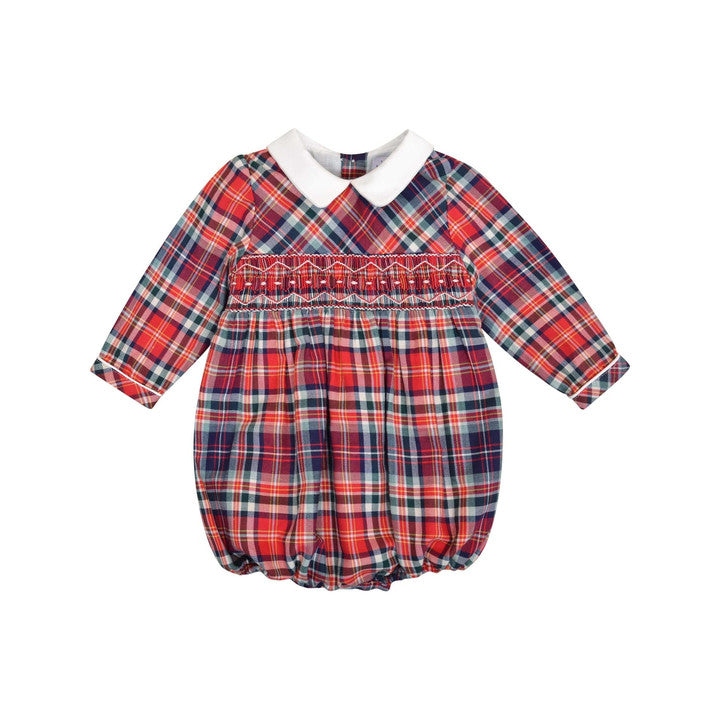 Mahé, Barboteuse bébé manches longues, col mac milan, taille smockée, en tartan rouge