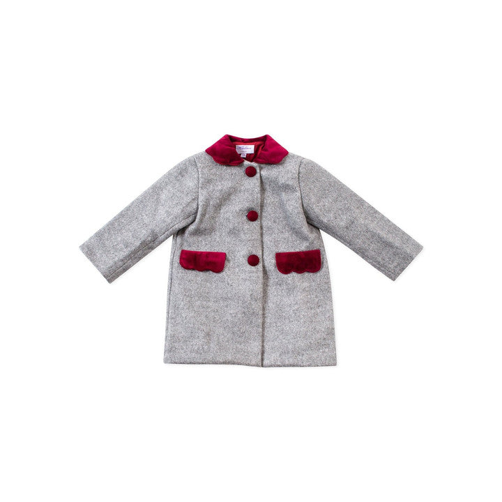Maryse. manteau en laine grise et détails en velours bordeaux