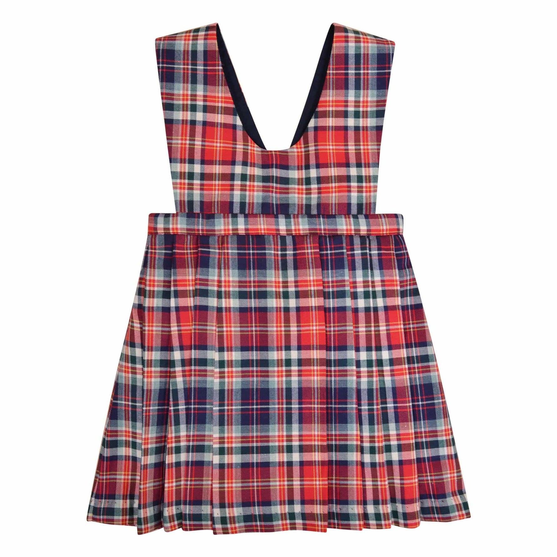 Mayeule, Jupe plissée réversible à bretelles, encolure cache-cœur ou ronde, en tartan rouge - Mayeule, Reversible pleated skirt with straps, wrap-around or round neckline, in Red tartan