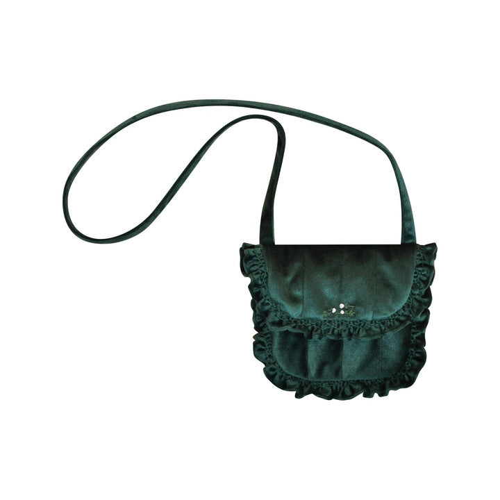 Mimosa, Sac bandoulière brodé, à petits volants smockés, doublure imprimée (19x16cm), en velours vert Emeraude