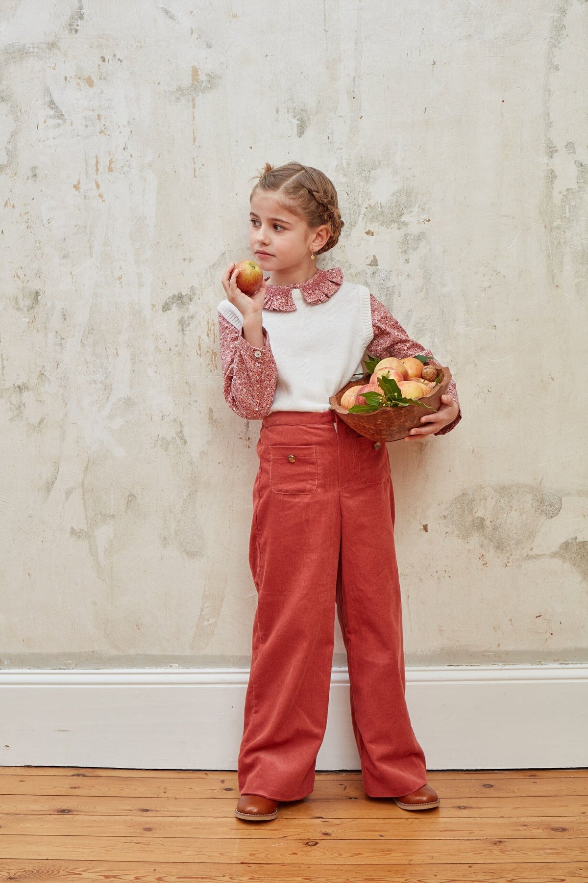 Nour, Girl blouse, in Ditsy red print