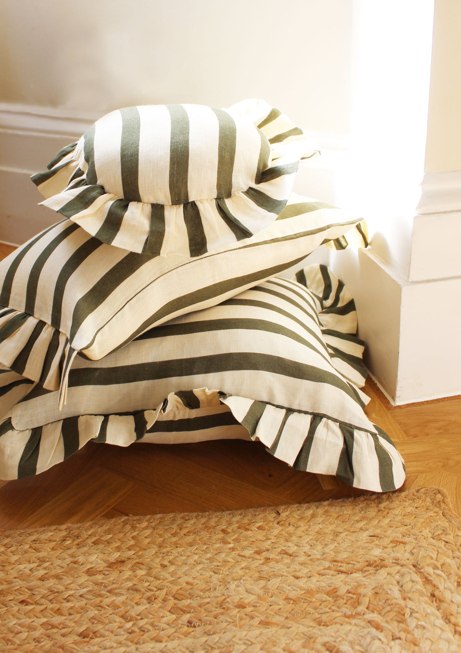 Olive & Ivory Thin Stripe Round Cushion Cover