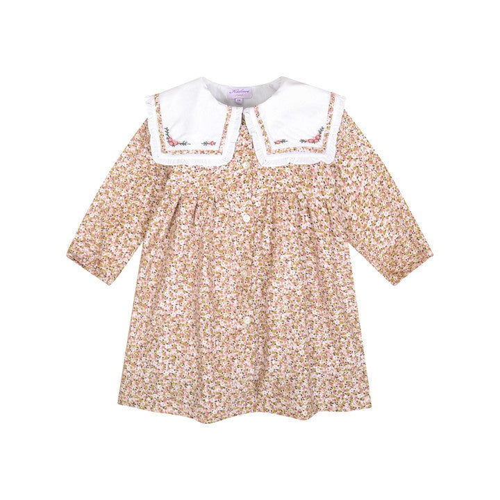 Paola, Robe col marin volanté avec broderie en imprimé fleuri rose et kaki