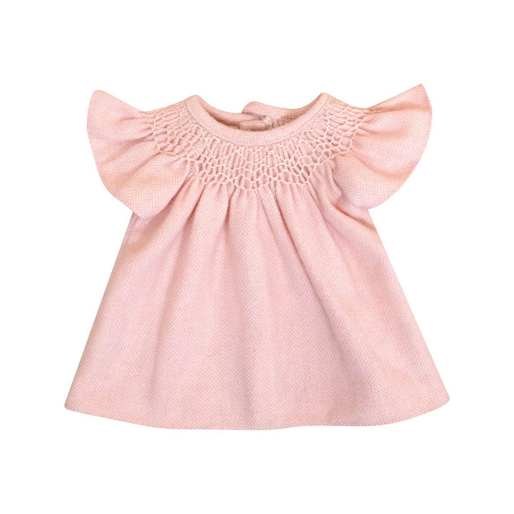 Pipa, Robe smockée pour poupée 36cm, en chevrons roses avec de la laine