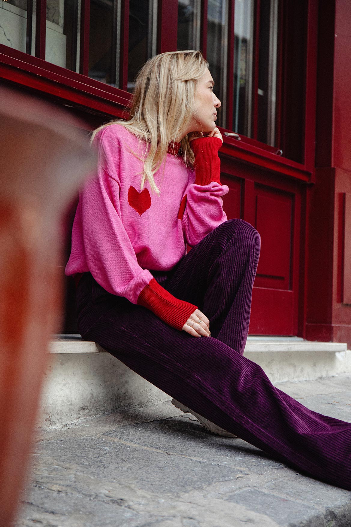 Pull Côme rose cœurs rouges