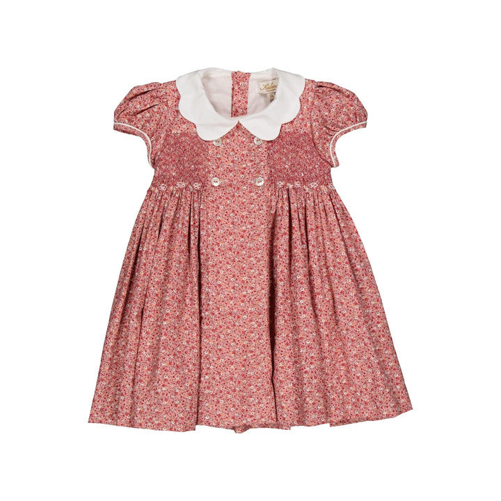 Risette, robe à smocks, imprimé fleuri rouge vif