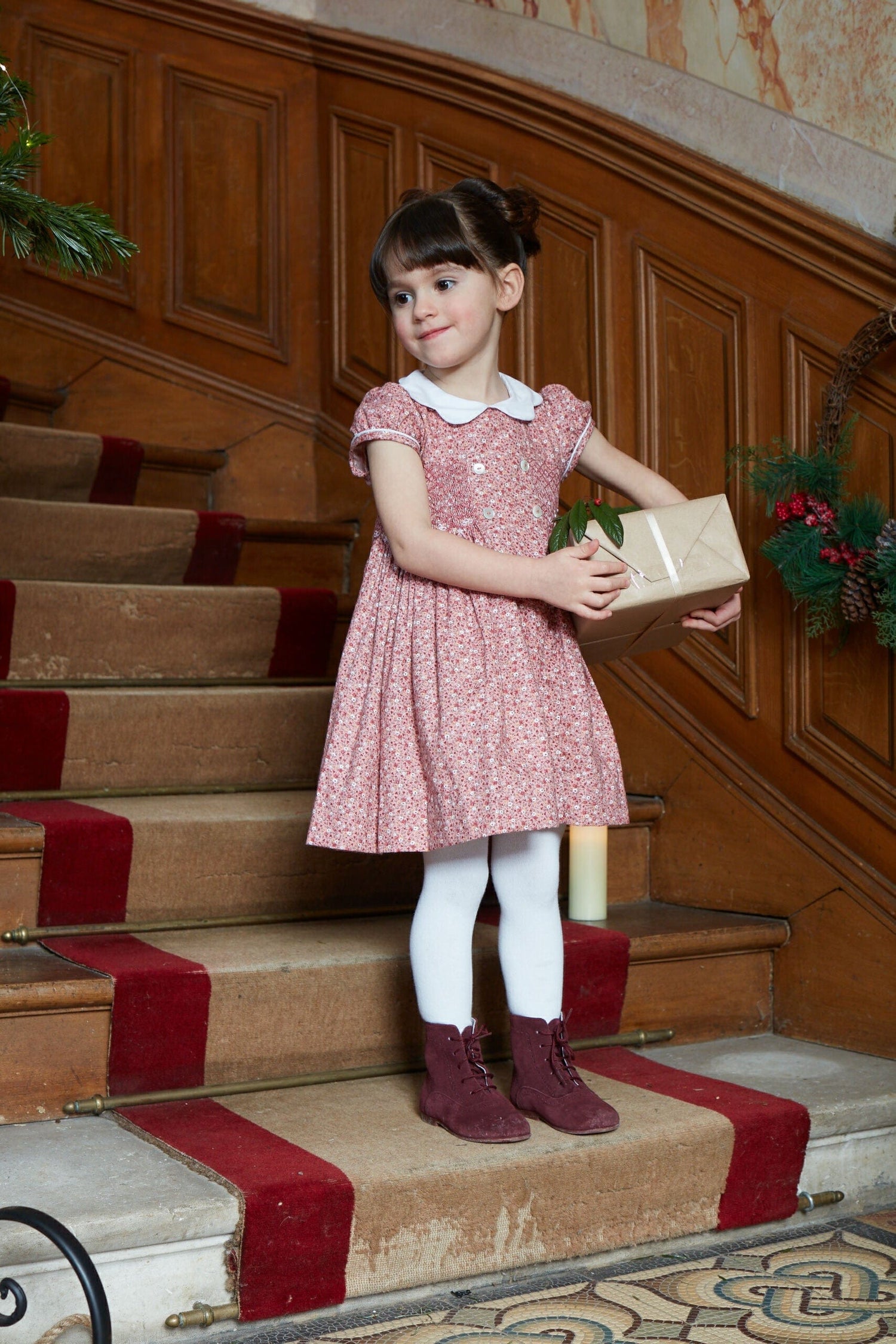 Risette, smocked dress, in Ditsy red print