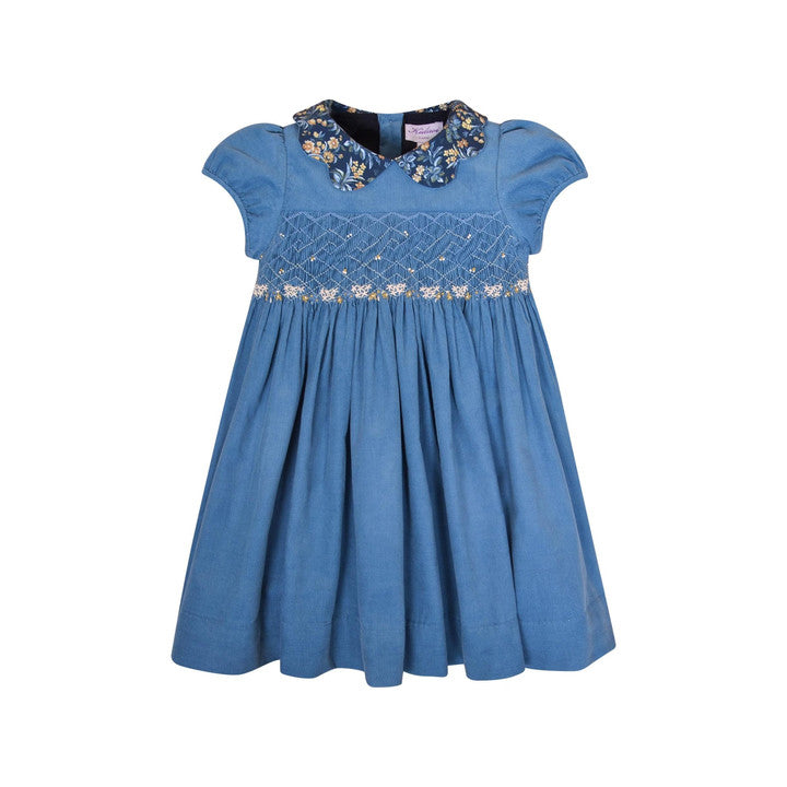 Ritha, Robe smockée, en velours côtelé Bleu porcelaine