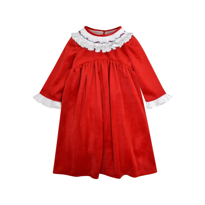 Swann, robe manches 3/4 volantées, col volant smocké et brodé en velours lisse rouge