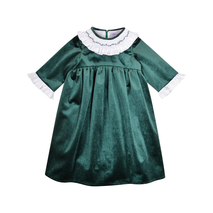 Swann, robe à col volanté smocké et brodé, en velours vert Emeraude