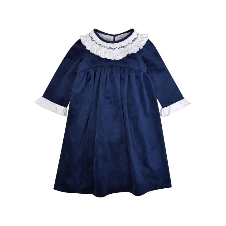 Swann, Robe col volanté smocké et brodé en velours Marine