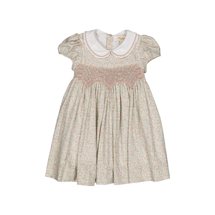 Sybelle, robe à smocks, rose vif et imprimé thé