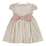 Sybelle, robe à smocks, rose vif et imprimé thé