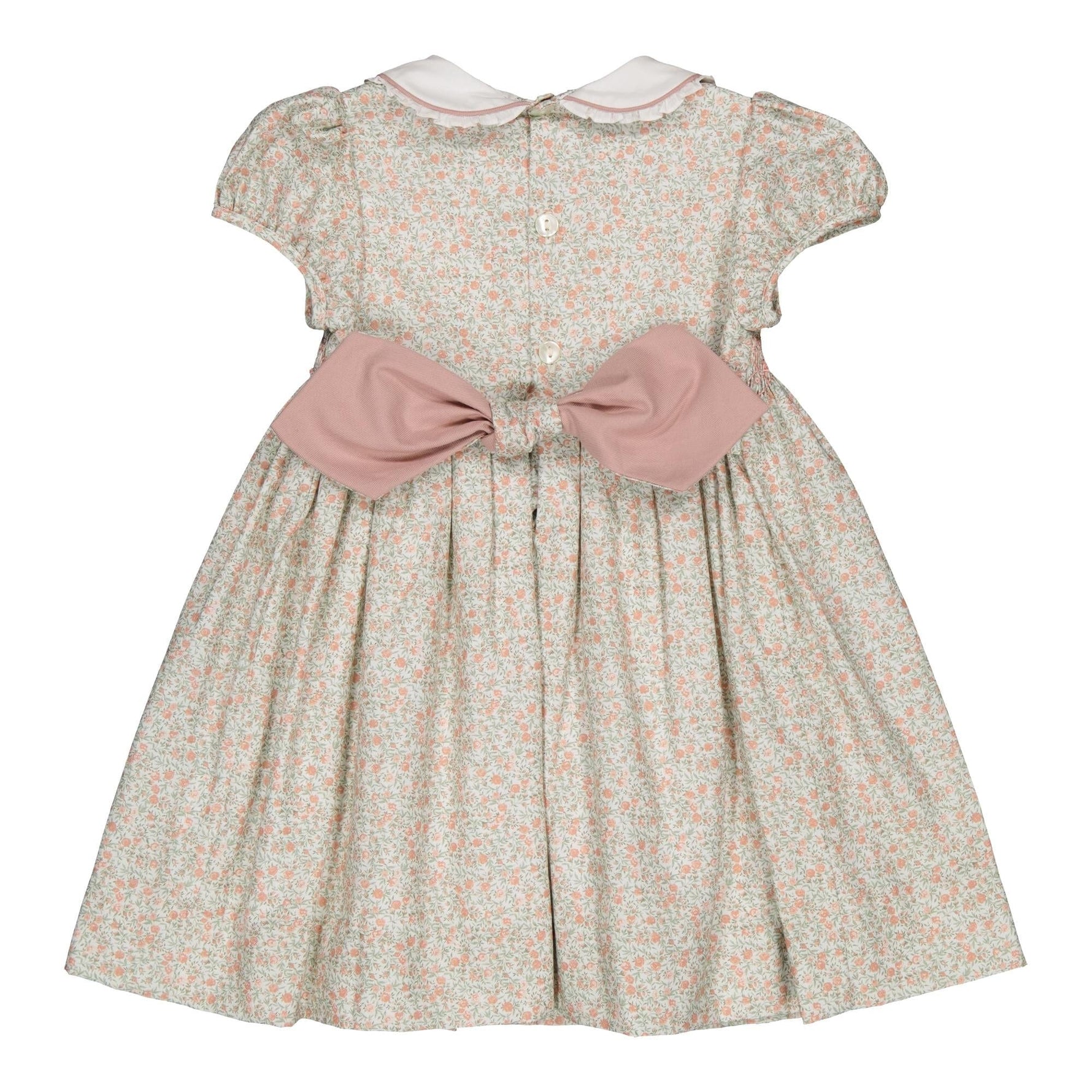 Sybelle, robe à smocks, rose vif et imprimé thé