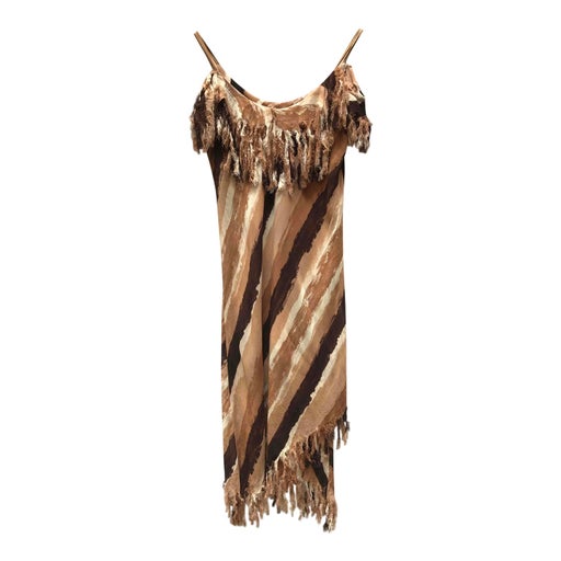 Camel, beige and beige striped fitted dress