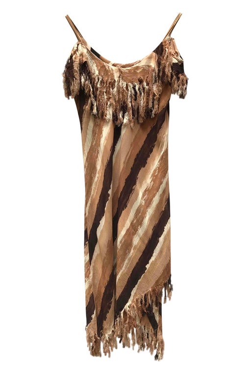 Camel, beige and beige striped fitted dress