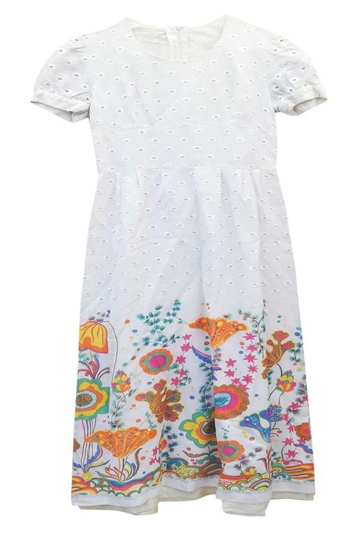 Long white 70s dress, lined, floral patt